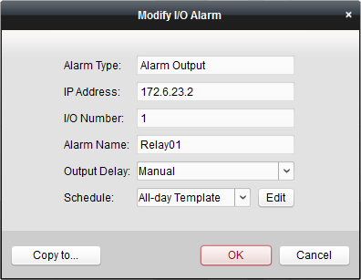 The alarm I/O parameters including input/output name, input status, output delay time, output schedule, etc., can be configured.