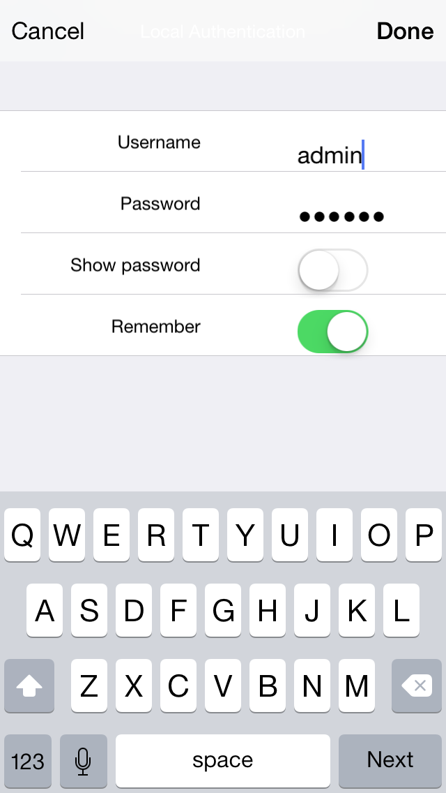 3E Enter your camera username (default is admin) and password (default is 123456), and then tap Done / OK.