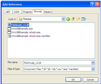 Adding FSLwinusb_v2.dll Figure 10. adding FSLwinusb_v2.dll as a reference Figure 11. FSLwinusb_v2.dll added as a reference 3. Figure 13 shows some lines included in the Form1.cs from the C# project.