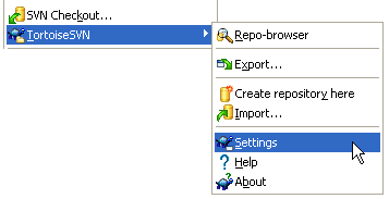 Figure 10: Repo-browser menu items Right-click anywhere in a Windows Explorer Window; in the pop-up menu, select Settings from the TortoiseSVN sub-menu to get to the screen where