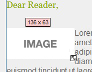 As you scale the image, the revised sizes (width and height) are shown in a pink box just above the image.