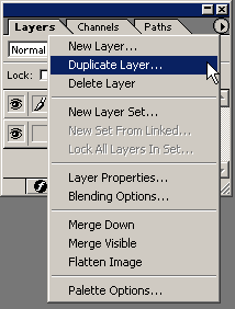 33. Now duplicate layer 2 by clicking on the black arrow on the top left corner of the layers window and selecting Duplicate Layer: You