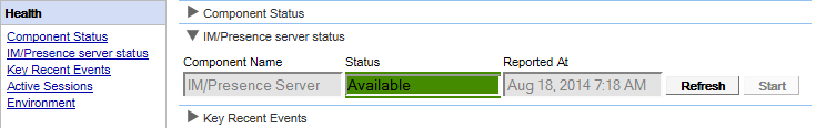 2.1 Health This section allows you to view the status of the various components of the server. 2.1.1 Component Status The Component Status menu shows the last recorded status changes of each of the major components of the one-x Portal for IP Office application.