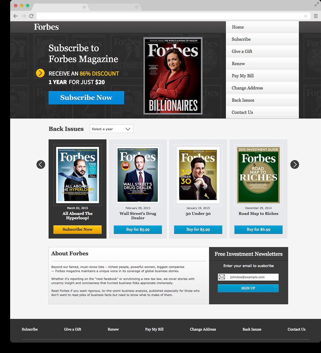Ecommerce Redesign Forbes Magazine WHO Forbes Magazine WORK Direct Agents completed a full redesign of Forbes Magazine s