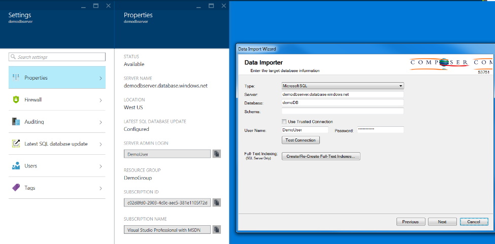 3. Now the Database Server and SQL Database are created. Importing Data into the Azure Database: 1.