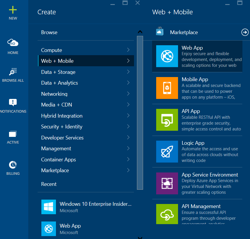 Creating the Azure Web App: 1. In the Azure portal, click on NEW in the main menu, then Web + Mobile. Next, click on Web App. 2.