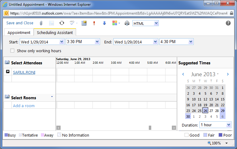 To invite others to a meeting, click the Scheduling Assistant tab. Enter the recipient s name under your own.