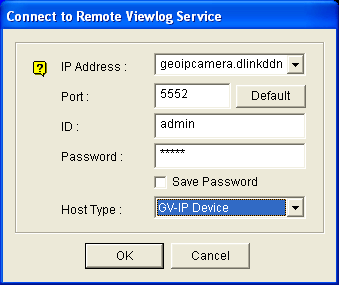 4. When the Remote ViewLog player appears with the following selections, select Remote ViewLog Service. 5. Type the connection information, login username and password of the camera.