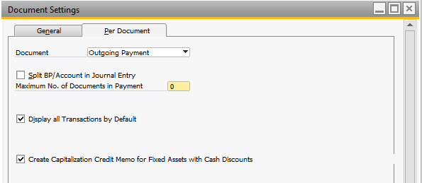 Payment with Cash Discount In the Document Settings, it need to be defined if the Cash Discount shall have an influence on the Fixed Asset Value.