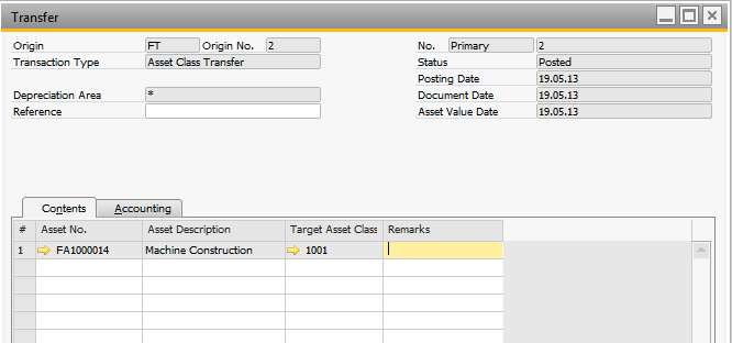 Asset Transfer Asset Transfer At the beginning of the fiscal year, the Value from one Fixed Asset can be moved to another Fixed Asset. Asset Class Transfer With Version 9.