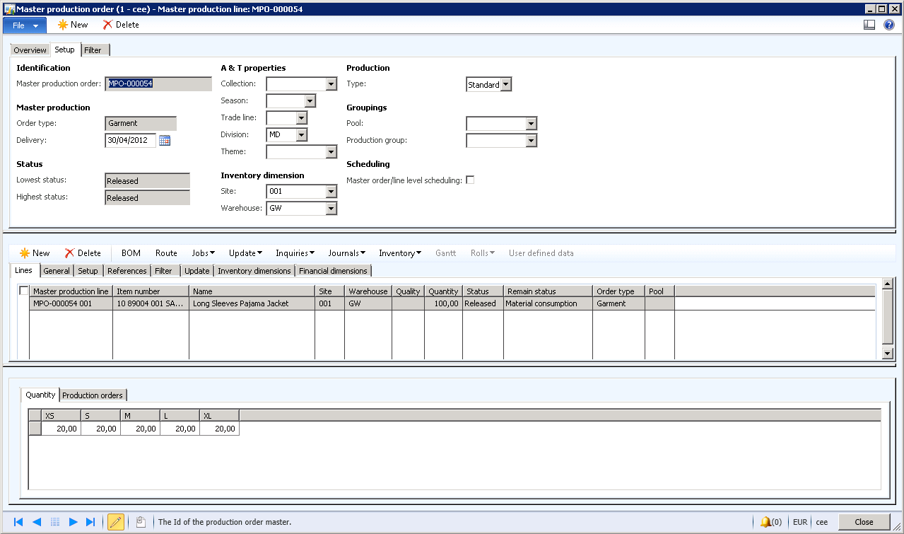 Figure 3. Use multiline production order functionality to set up a specific product with lines for color and size for each style once, and then automatically create production orders for each version.