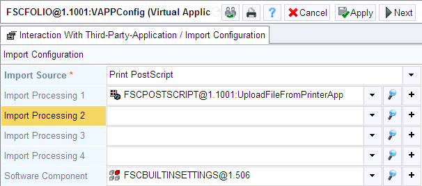 2. On the Interaction With Third-Party-Application tab create a new entry in the Import Configuration field. 3. In the Import Source field select Print PostScript. 4.