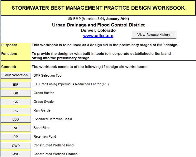 Figure 11 - Starting page of the Stormwater Best Management Practice Design Workbook.