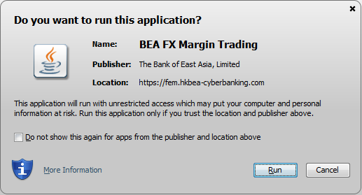 Running Applet Loaded from FX Margin Trading Page 1. Click [Run] if the following dialog is prompted. 4.