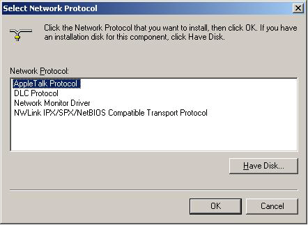WINDOWS 2000..... Step 4 Select Protocol and click the Add... button.