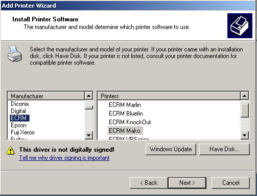 WINDOWS XP..... Step 9 The Install Printer Software dialog box is displayed. It allows you to choose the PPDs that you want to install.
