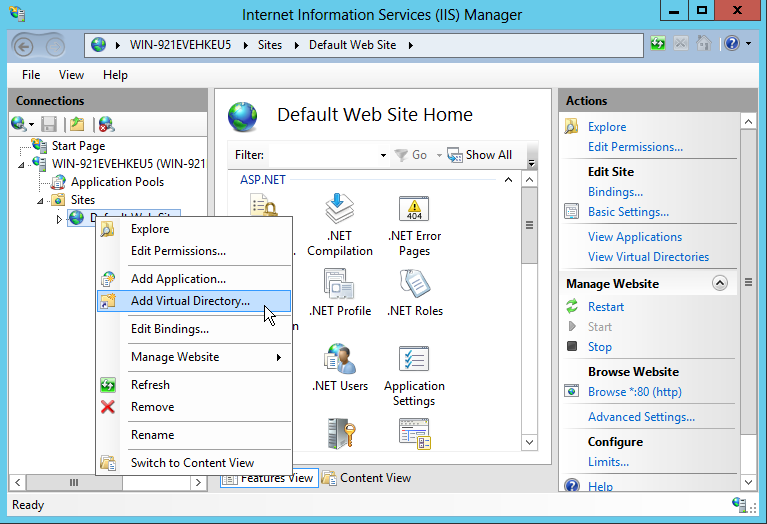 4. Select Default Web Site, right-click it, select Add Virtual Directory. 5. Select an alias for your Secret Server.