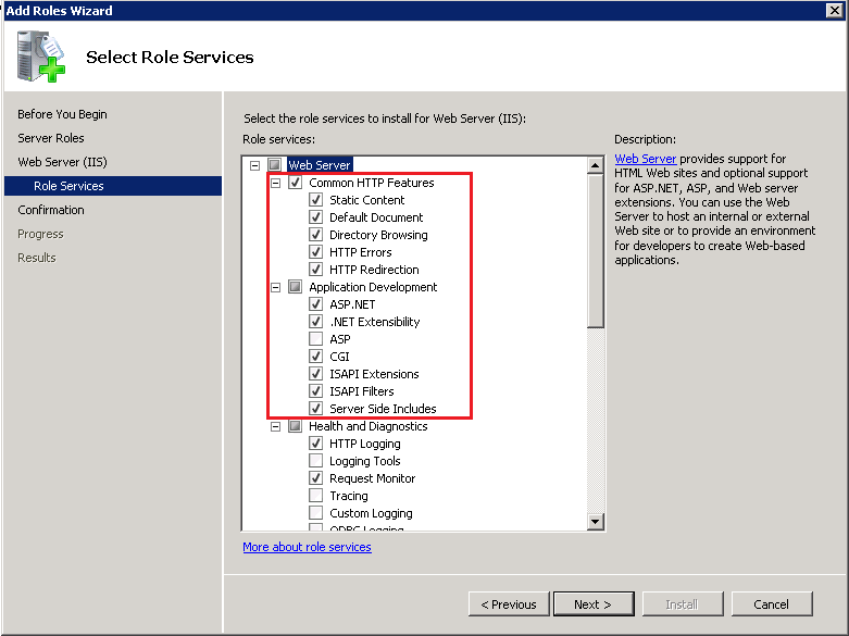 4. On the next step, select Role Services under Web Server (IIS) and make sure the role services are configured as shown in the