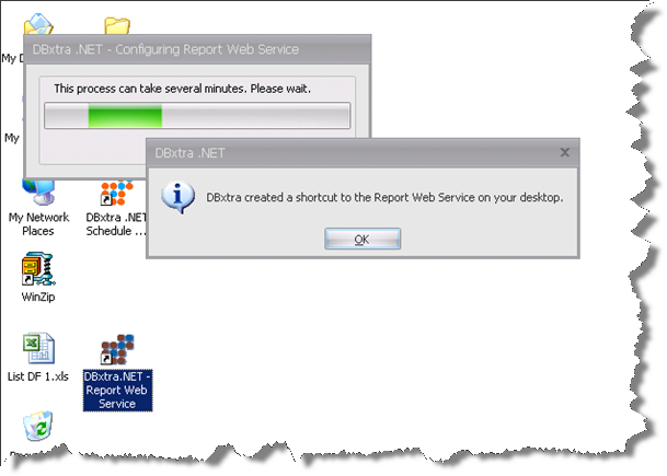 Once the configuration of the virtual directory is finished, DBxtra will display a message indicating that a shortcut to access the Report Web Service has been created on the desktop.