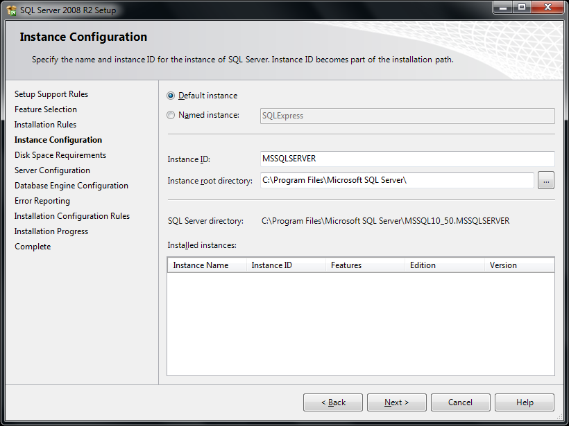 17. The Instance Configuration window will appear. Select the Default Instance radio button.