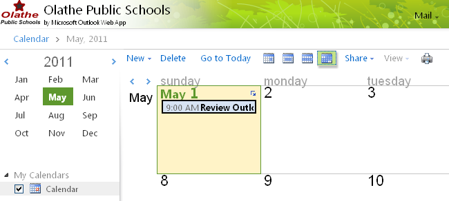 ===OWA Calendar Basics=== Open Your Calendar and View Your Schedule Using the buttons shown in the image below, you can change the way your Calendar displays your appointments.