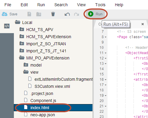 8. Paste the code to the S3Custom.view.xml file as follow: At line 31, you can find multiple <IconTabFilter items.