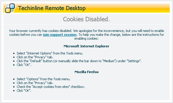 18.2.3 Cookies Disabled This message may appear to the Expert or the C lient if C ookies are rejected (or disabled) by their browser.