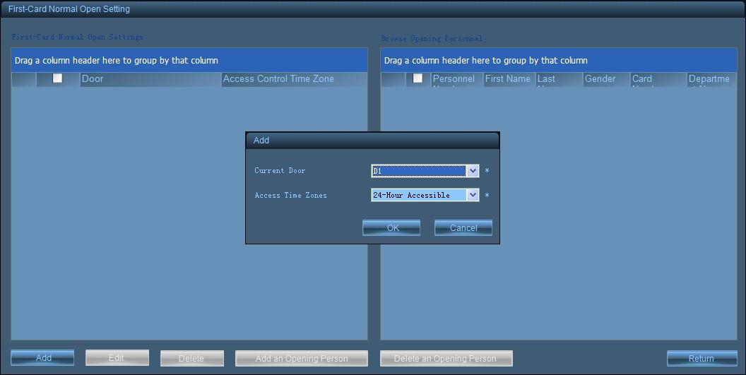 3. Select the door for First-Card Normal Open, click to pop-up Set personnel with First-Card Normal Open permission.