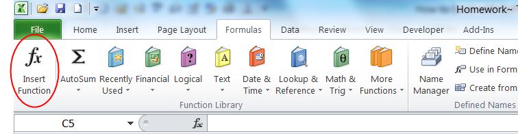 Or select Insert function from the Formulas tab on the ribbon itself. The Insert Function window appears.