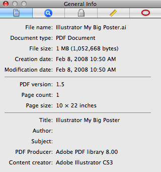 Printing Posters from Preview (PDFs) 1. Open the PDF document using Preview, then go to Tools>Inspector. In the General Info tab on the inspector, make a note of the Page Size of the document. 2.