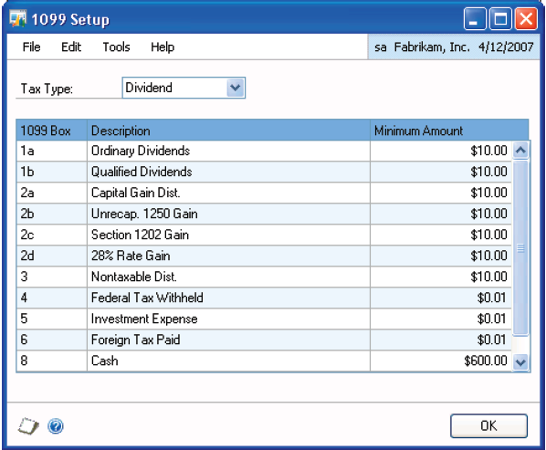 FIGURE 17: 1099 SETUP WINDOW The system populates the 1099 Box, Description and Minimum Amount fields during the installation of Microsoft Dynamics GP.