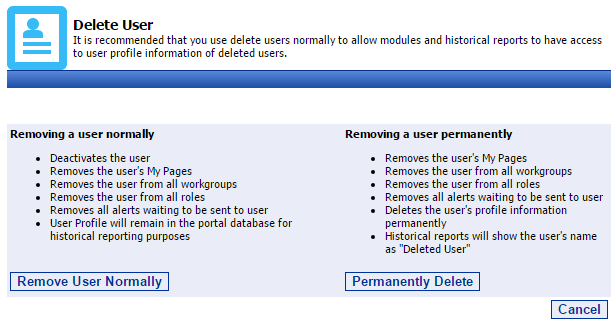 18 Portal Administration User s Guide Deleting Users There are two different ways that a user can be deleted from the Portal: Delete Normally, and Delete Permanently.