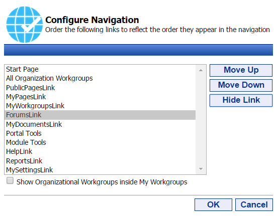 53 Portal Administration User s Guide Working with the Navigation Settings Tool The Navigation Settings Portal Tool allows you to reorder navigation nodes and to hide navigation nodes inside of the