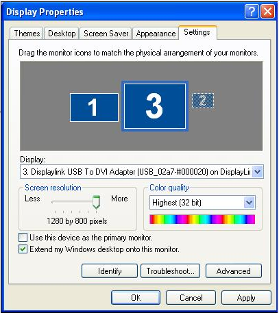 Mirror Mode: To set the display into mirror mode, simply uncheck the box marked Extend the desktop onto this monitor (1 in Figure 1 on previous page.).