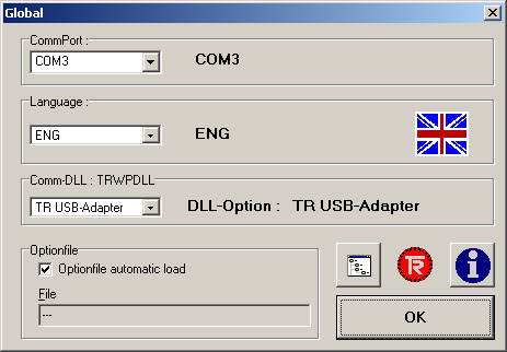 6) Again, only with the USB cable connected open the TRWinProg software, select Global from the Extra Menu and verify the following parameters.