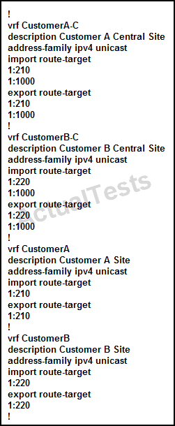 Cisco 642-889 Exam which two data flows between the MPLS VPNs will be allowed? (Choose two.) A. The CustomerA central site can communicate with the CustomerB central site. B.