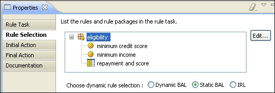 2. Double-click the rules/miniloan ruleflow in the Rule Explorer to open it. 3. In the Ruleflow Editor, double-click the eligibility task. 4.