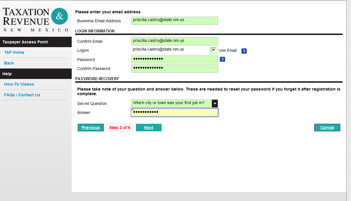 7. Enter email information and password then click on Secret