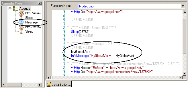 Figure 15: InfoMessage Node Addition to Agenda Tree In the preceding figure, the Agenda contains nodes for a: JavaScript Object Short sleep period Message to the Log Window The JavaScript View pane