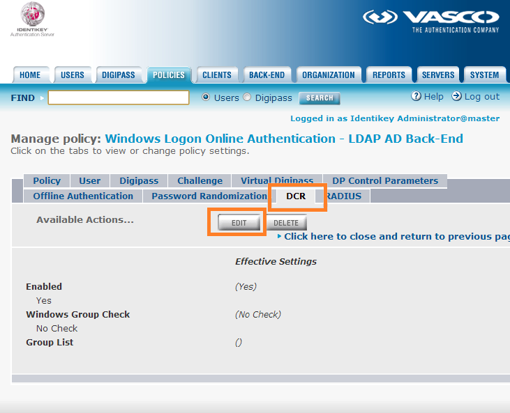 DIGIPASS Authentication for Windows Logon Image 23: DCR tab 4. Click to Enable Dynamic Component registrations. 5.
