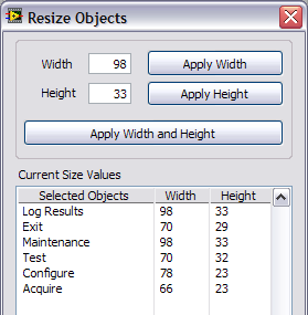 The Resize Objects dialog box appears, which allows you to change the width and height or both of the selected objects On the