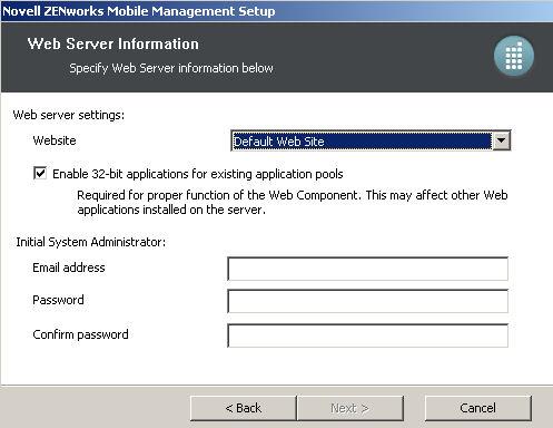5. At the Web Server Information screen, enter the following: Select the Website to which you are installing.