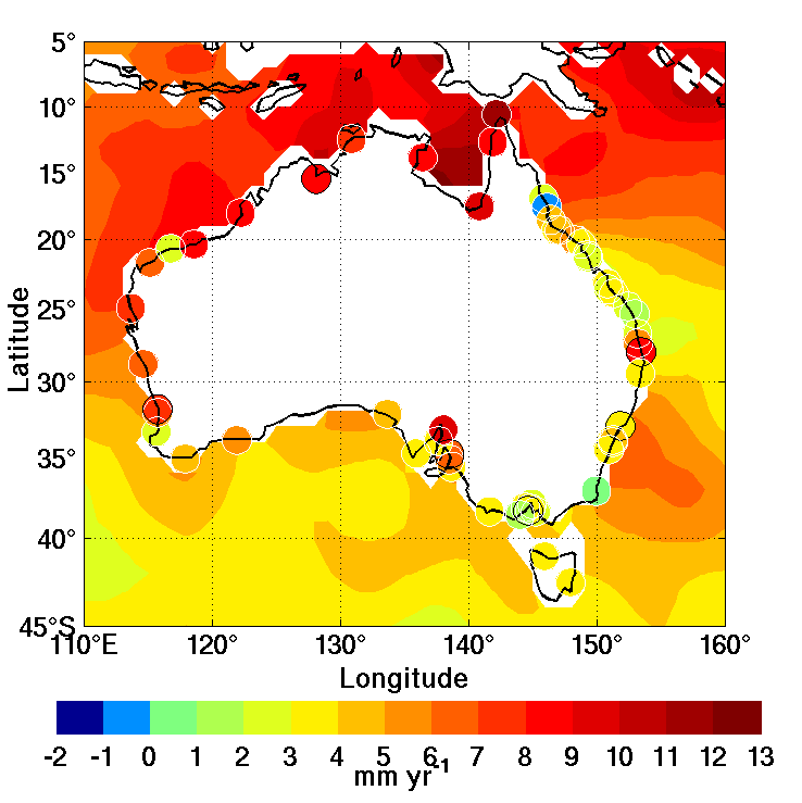 Trends around Australia Altimeter 1993-2012 and tide gauges (dots) Spatial patterns show large regional departures from global mean sea level