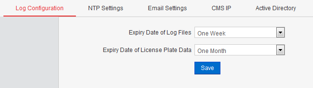 Chapter 10 System Configuration The expiry date of the log files and license plate data, NTP settings, email settings, CMS (Central Management Server) IP address and active directory can be