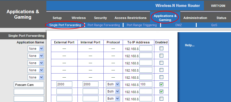 For Linksys: Create a new column using the LAN IP address & HTTP Port of the camera within the router as shown below, and then push OK
