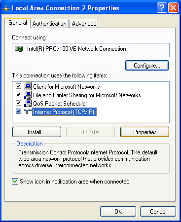 Below is an example for Windows XP: Right click on the Network icon, choose Open Network Connections.