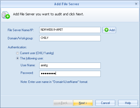 7. Now provide Authentication for the added File Server.