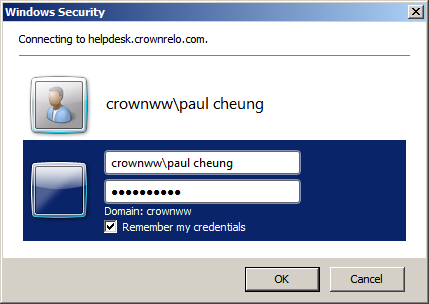Helpdesk User Guide Page 10 When prompted for login, ensure the login name is pre-fix with CROWNWW\.