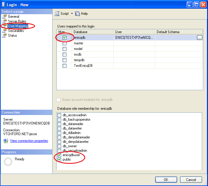 Click User Mapping under Select a page. Select enicqdb database (or use the custom name assigned to the database), and then the enicqdbuser role (see red circles below).