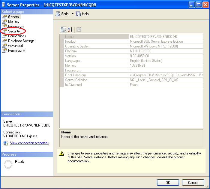 Right-click on the database server (circled in red below), and select Properties.